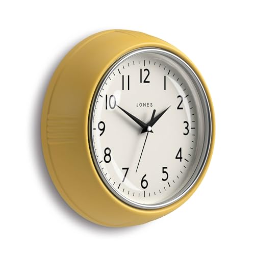 JONES CLOCKS® Ketchup Reloj de Pared | Reloj Retro Redondo | 25cm | Amarillo | Ideal para la Cocina, el salón, la Oficina o el Dormitorio | Números fáciles de Leer
