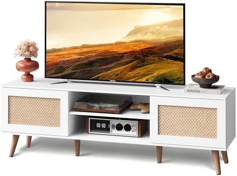Mobile TV WLIVE Per TV Fino A 60 Pollici - Design Boho Con Armadietti Bianco Greige