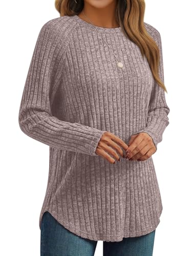 AUTOMET Womens Long Sleeve Tops Fall Fashion Casual Tunic Khaki M