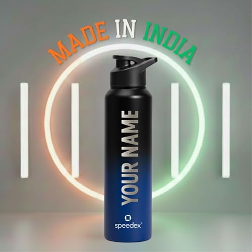 Image of Speedex Engraved Name Stainless Steel Sipper Water Bottle 1 Ltr - Customised Personalised Bottle for Kids & Adults, School, Gym, Sports, Black, Set of 1 (Black Blue, Set Of 1)