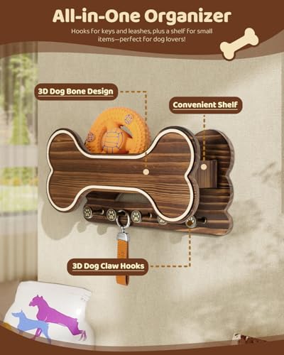 MTERSN Farmhouse Dog Leash Holder for Wall - Dog Stuff Organizer and Doggie Bone Key Holder Wall Mount with 5 Decorative 3D Puppy Paw Hooks & Storage Shelf - Ideal Home Decor (Brown) - Image 5