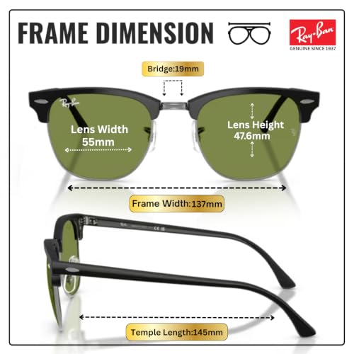 Image of Ray-Ban RB3016F CLUBMASTER CLASSIC LOW BRIDGE FIT Square Shape Sunglasses for Men & Women with Official RayBan Eyewear Kit