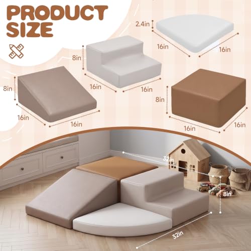Image of Sumbababy Toddler Climbing Toys Indoor 4 Piece Leather Foam Climbing Blocks for Babies Easy Clean Soft Play Set for Crawling Climbing and Sliding Nursery Playroom Living Room Neutral