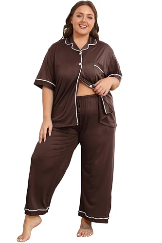 Image of Vozanet Women's Plus Size Pajamas Button Down Shirt and Pants Soft Lounge Sets Bride Nighty Bottom with Pockets 1x to 5x