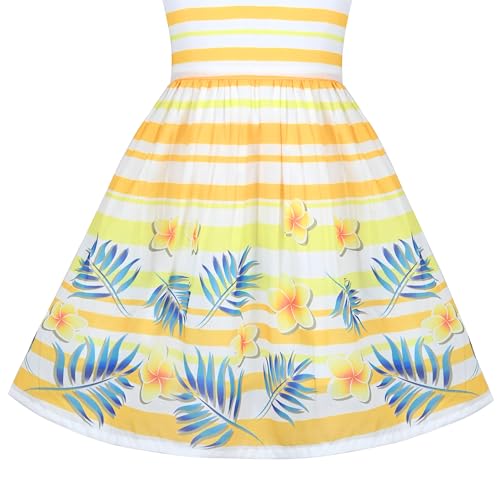 Girls Dress Yellow Floral Leaf Striped Sleeveless Summer Sundress Cotton 9-10 - Thumbnail 2