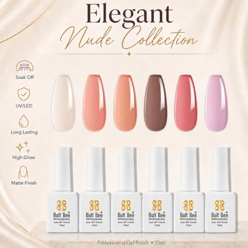 Image of Bolt Bee Gel Polish Kit | 6 Colors Light Soft Sakura, White & Nude | Spring Soak-Off Gel Nail Polish Set for Nail Art Design & Home Manicure (15ml Each)