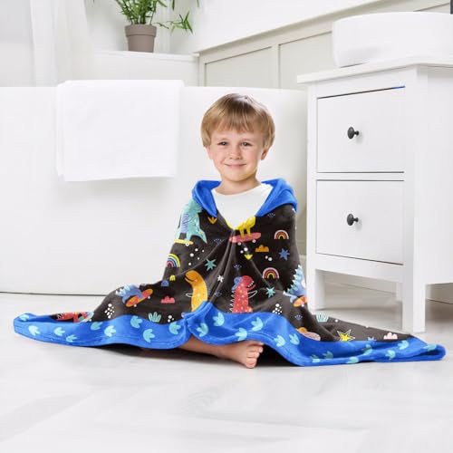 Image of Dinosaur Boys Beach Towel with Hoodie for Kids Toddlers Age 4-8,Dino Blue Bath Towels Shower Wrap for Boys, Hooded Poncho Beach Blanket for Pool Swimming Cute Wearable Bath Towel for Child