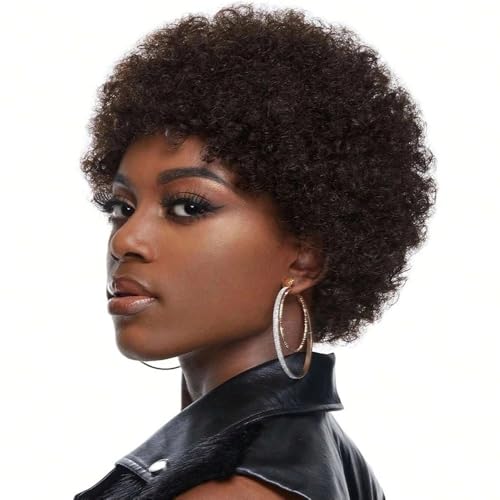 Perruque courte bouclée avec frange coupe Pixie cheveux humains ondulé frisé - 4