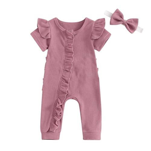 Newborn Baby Girl Clothes Short Sleeve Romper Infant Zipper Jumpsuit Summer Coming Home Outfits With Bow Headband