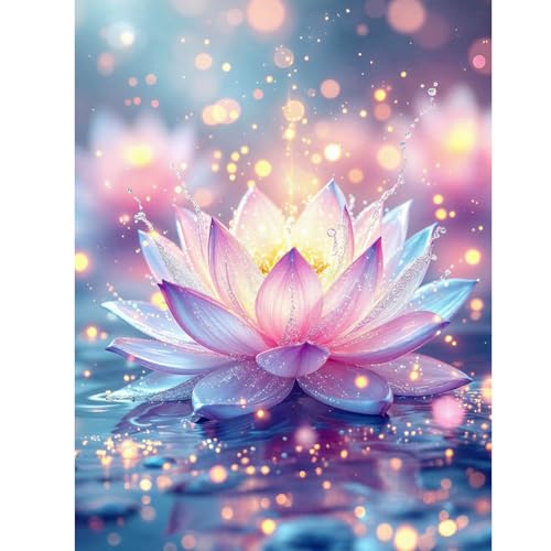 Skyboda Lotus Diamond Painting Kits for Kids Beginners, Flower Diamond Art Kit, DIY Full Round Drill Diamond Dot Gem Art Kits for Adults, Home Wall Decor 12x16 inch