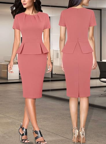 Image of VFSHOW Womens Pleated Crew Neck Peplum Work Business Office Church Bodycon Pencil Sheath Dress