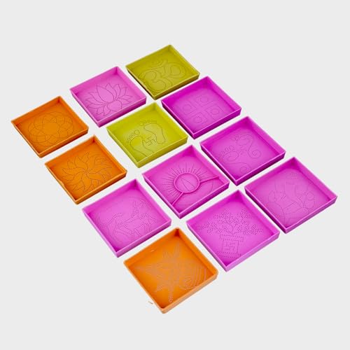 Image of Craftam Different Design Ready to Draw Rangoli Making Stencils - 12 Pcs Plastic Stencils for Floor Decoration, Easy Diwali Rangoli Art Tools (3x3 Inch Each)