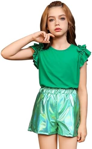 Mirawise Girls Short Sets Size 10 11 12 Green 2 Piece Outfits Metallic Shiny Sho