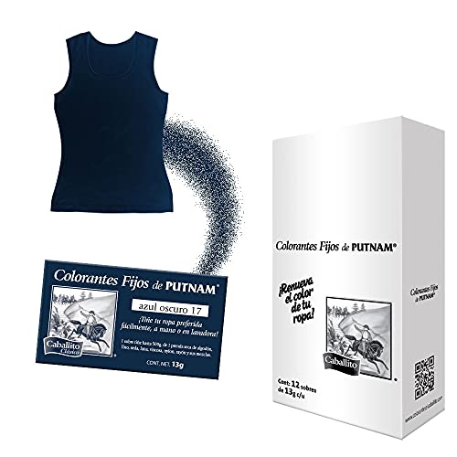 Consejos para Comprar Color Azul Mezclilla al mejor precio. 44 Colorantes fijos de PUTNAM, el único Colorante en Polvo para ropa color Azul oscuro ¡Revive y cambia el color de tu prenda favorita! Cajilla con 12 sobres de 13g c/u