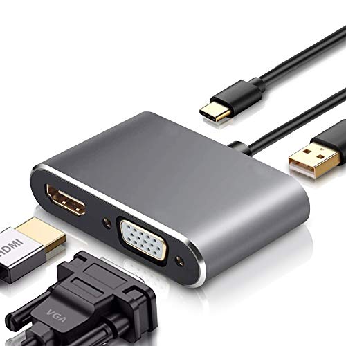 USB C to HD Adapter, Type C Multiport Adapter, USB C to VGA Hub with 1 4K HD Port, 1 VGA Port, 1 USB 3.0 Port,1 USB Charging Port, Compatible with MacBook, Chromebook Pixel, XPS, Galaxy
