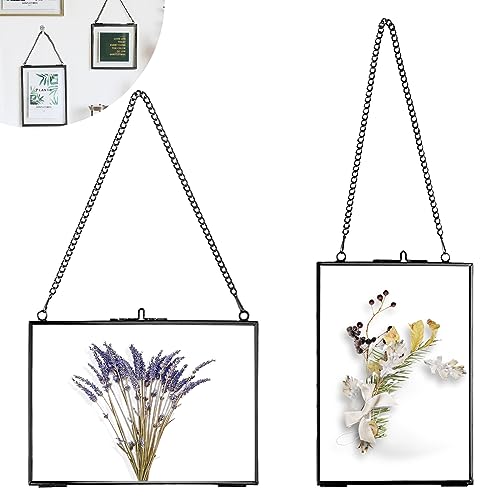 Nizirioo 2PCS Hängend Bilderrahme Glasrahmen Wandbehang: Bilderrahmen aus Glas und Metall, Bilderrahmen Durchsichtig Beidseitig für gepresste Blumen Fotos(Schwarz, 13x18cm, Rechteck)