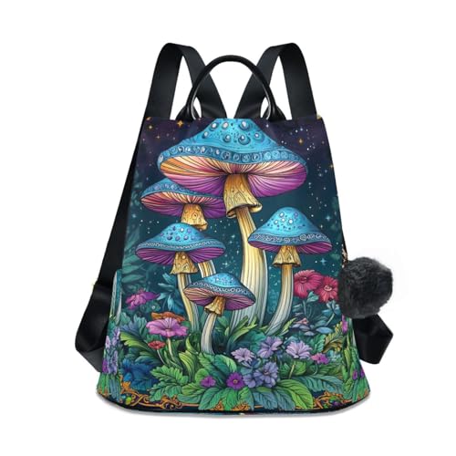 Sac à dos antivol vintage champignon bleu imperméable et sécurisé pour femme