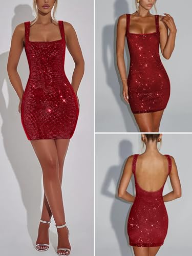 Image of Figdaw Adjustable Straps Rhinestone Bodycon Dress for Women Special Occasions