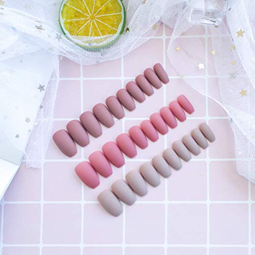 72 Pcs (3 Packs) Coffin Matte Press on Nails, Ballerina Professional Nail Art Tips Set, Medium False Nails, DIY Acrylic Fake Nails with Nail Adhesive Tabs for Women(Rose, Camel & Dark Red)