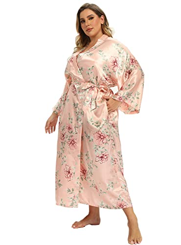 Image of Women's Floral Long Satin Robes Plus Size Long Silk Robes Peacock Floral Kimonos Sleepwear Dressing Gown