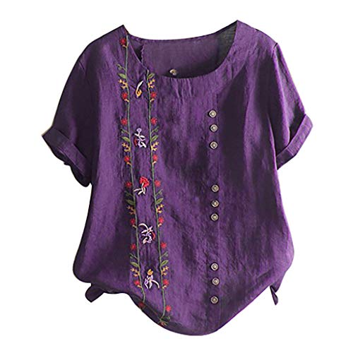 Allywit Plus Size Women Bohemian Floral Embroidered Shirt Cotton Linen Short Sleeves Top Loose Tunic Blouse Purple