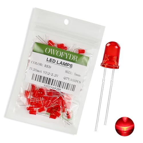 OWOFYDR 100Pcs 5mm Red Diffused LED Diodes 2V-2.2V 20mA DC Frosted Round Indicator Lights Super Bright for Arduino DIY Breadboard Scientific Experiments Electronic Maintenance