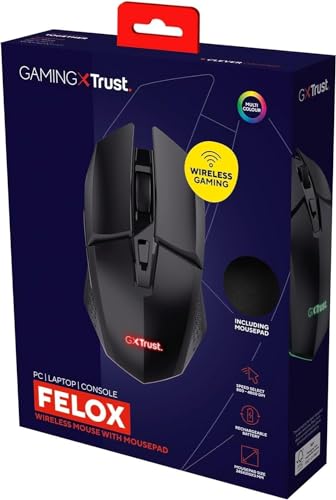 Trust Gaming GXT 112 Felox Wiederaufladbare Kabellose Gaming Maus mit Mauspad, 80 Stunden Akkulaufzeit, 800-4800 DPI, 6 Tasten, Mousepad 24.5 x 21 cm, Wireless Mouse für PC, Laptop – Schwarz