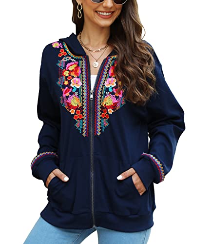 Ak Women's Full Zip Long Sleeve Embroidered Sweatshirt Floral Boho Embroidered Mexican Hoodie Fall Winter Coat Tops Jackets #TOP4