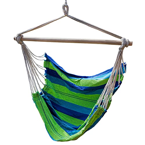 DRULINE Boho Hängesessel - Hängestuhl - Hängeschaukel - Hängesitz - Hippie - 100% Baumwolle – grün/blau gestreift - bis 100 KG belastbar - Indoor/Outdoor - für Erwachsene + Kinder