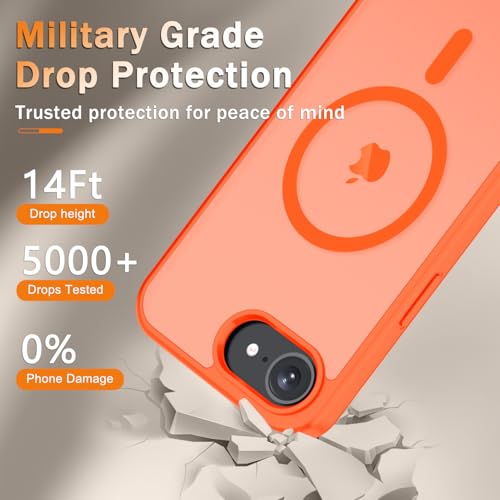 Image of YENAPOON for iPhone 17e Case, iPhone 16e Case, Matte Magnetic Phone Cover [with 1 Screen Protector] [Support for MagSafe] [Shockproof Military Grade Protection] Translucent Frosted Back, Orange