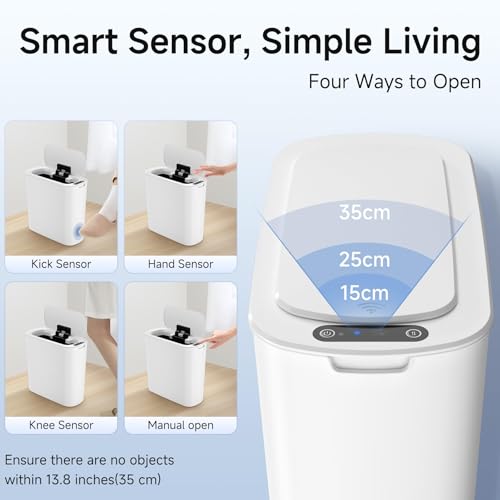 TIPGO Automatic Motion Sensor Bathroom Trash Can with Lid, 2.6 Gallon Touchless Trash Bin, Smart Garbage Can Plastic Slim Wastebasket for Bedroom, Office, Dorm (White) - Thumbnail 4