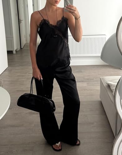 Women Satin Lace Trim Cami Tops Silk V Neck Spaghetti Strap Tank Top Y2k Loose Going Out Camisoles Streetwear3