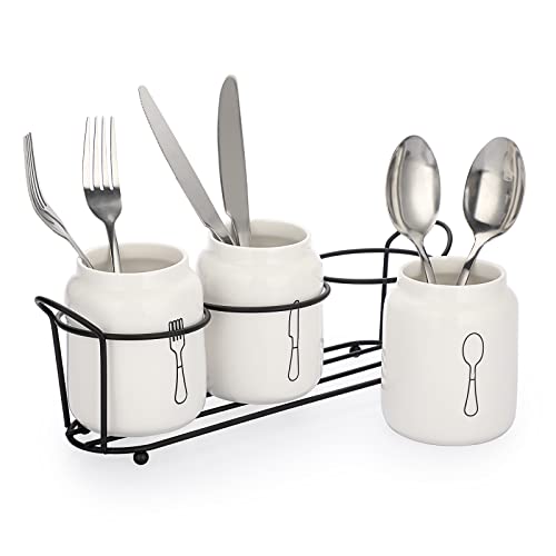 JUXYES Set mit 3 Keramik-Besteckhalter für Arbeitsplatte, weißer Besteck-Organizer, Utensilienhalter mit schwarzem Metallgestell, Besteck-Caddy, Besteckhalter, Besteck-Organizer für Küche, Esstisch Cover