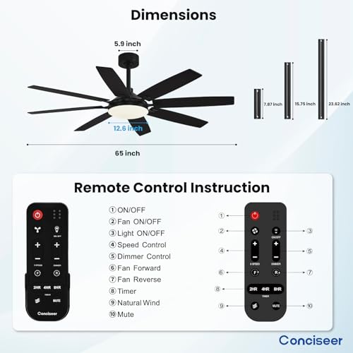 Conciseer Modern 65 Inch Ceiling Fans with Lights and Remote for Living Room Home Office Indoor/Outdoor,3CCT LED 36W, Dual Color 8 Blades 6 Speed Reversible Quiet DC Motor, Black/Wood Grain thumbnail 9