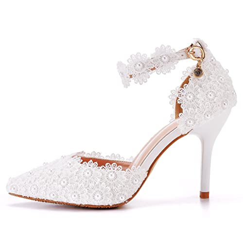 Women High Heel Pumps Pointed Closed Toe Sandals with Floral Lace Pearls Strap Stiletto Heels Bridal Wedding Dress Shoes 3.75''4