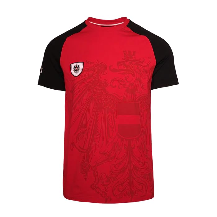 Hoamatkult T-Shirt Österreich Adler Fan WM-Kollektion rot-schwarz großer Adler Print & Immer Wieder Österreich Rückenprint Herren Shirt für Public Viewing - XL