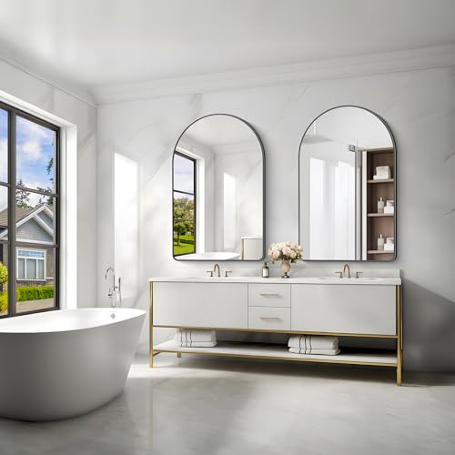 Image of FORBATH Arched Mirror 30x48 Inch, Black Arched Bathroom Mirror Wall Mounted Modern Black Aluminum Frame Decor Large Dresser Mirror for Bedroom Living Room Entryway, Hanging or Leaning Against Wall