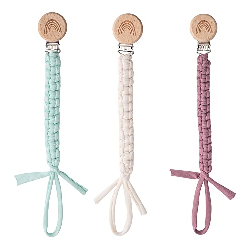 Image of Symbolife Pacifier Clip for Boys Girls Pacifier Holder Leash Boho Rainbow Wooden Clips Handmade Braided Cotton Unisex Baby Shower Birthday Gift Christmas Gift