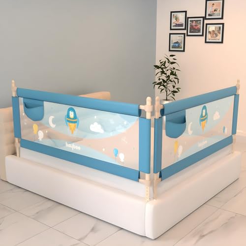 Image of BAYBEE Baby Bed Rails Guard Kids Safety (150x63 cm) | Portable Bed Rail Falling Protector Fence with 7 Adjustable Heights | Foldable BedRail for Newborn Boys Girls (Pack-2, Blue)