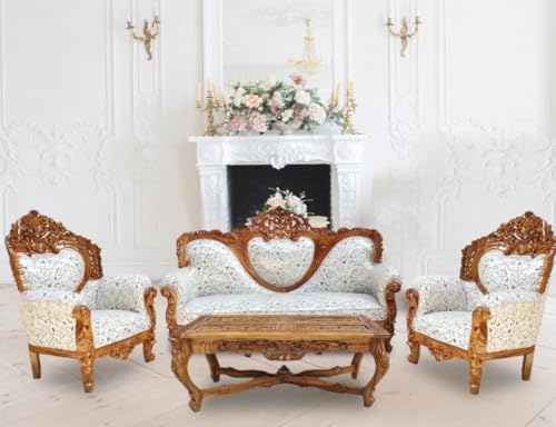 Image of Wooden 5 Seater Sofa Set with Center Table, Solid Wood Hand-Carved Sofa with Traditional Design Furniture for Living Room, Home, Office