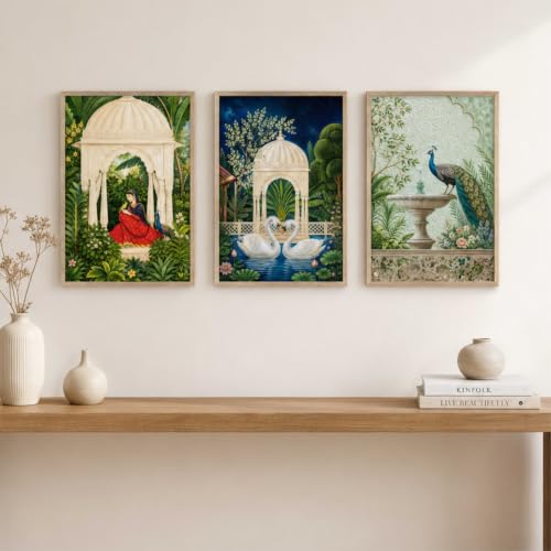 Image of Livin'luxe Set of 3 Royal Garden Wall Paintings for Living Room Dining Bedroom Home Decor with Premium Wooden Color Synthetic Frame (13.5 x 19.5 Inch) NM03-74