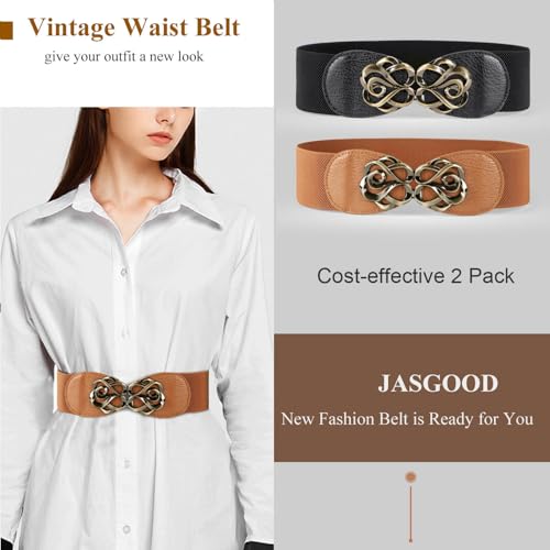JASGOOD 2 Pack Women Stretchy Belts for Dresses Vintage Elastic Wide Waist Belts4