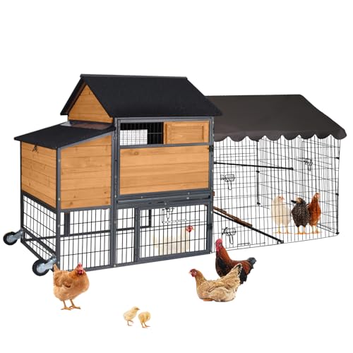 MEDEHOO 85.6" Chicken Coop with Wheels and Large Run, Heavy Duty Metal Frame Wooden Hen House for 4-6 Chickens, Mobile Poultry Cage with 3 Nesting Boxes, Waterproof Asphalt Roof & Anti-Predator Locks