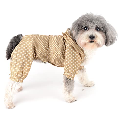 Ranphy Cute Puppy Dog Raincoat Four-Legged Waterproof All-Inclusive With Hat Waterproof Rain Jacket With Polka Dot And Leash Hole Small And Medium Dogs Pet Poncho Clothes, Beige, M #TOP1