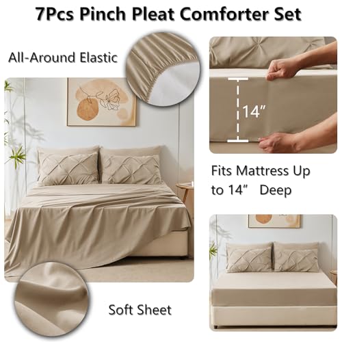 CozyLux King Size Comforter Set Taupe, 7 Pieces Pintuck Bed in A Bag Taupe Comforter King Size, Pinch Pleat Bedding Set with All Season Comforter, Sheets, Pillowcases & Shams
