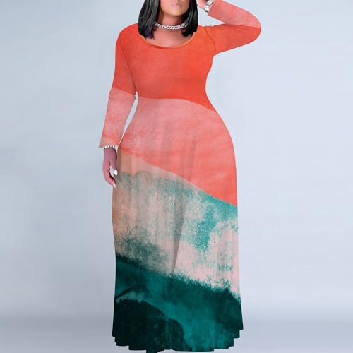 Image of PinkPatty Plus Size Maxi Dress for Curvy Women Crew Neck Long Sleeves Casual Dress Vacation Sundresses with Pockets