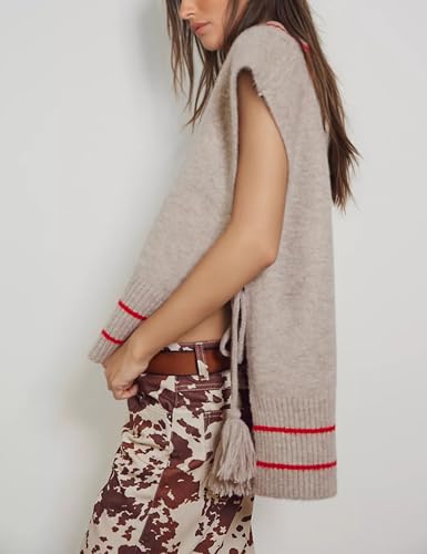 Image of Women's V Neck Sweater Vest Loose Knit Sleeveless Poncho Side Binding Fringe Pullover Tank Tops