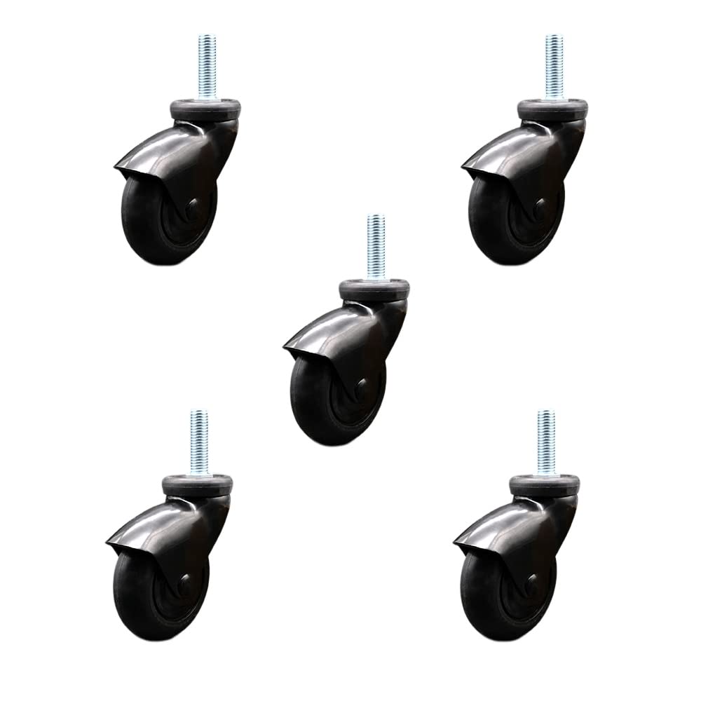 3 Inch Swivel Caster Wheels for Furniture - Black Hooded Neoprene Rubber Wheel with 5/16 Inch - 18 TPI x 1 Inch Threaded Stem - 550 lbs. Total Capacity - Set of 5 - Service Caster Brand