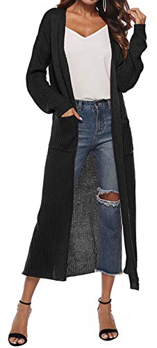 Womens Casual Maxi Long Cardigan Sweaters Split Open Front Duster With Pockets,Black,M #TOP10