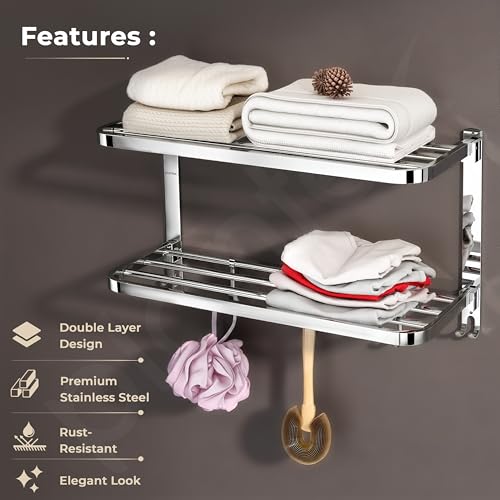 Image of Plantex Double Towel Rack for Bathroom /24 Inch Dual Towel Holder /Towel Bar /Towel Henger /Bathroom Accessories - Pack of 1 (Chrome)